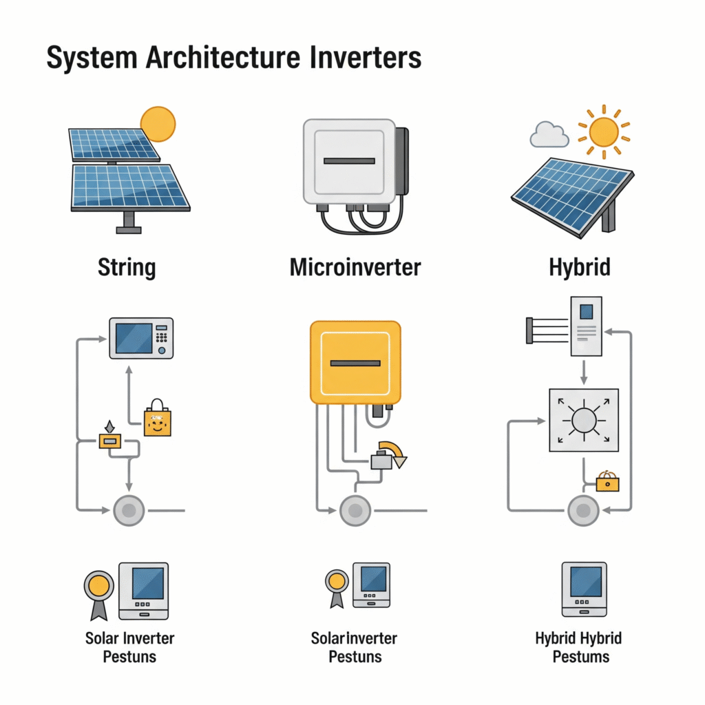 Diagram showing how different types of solar inverters work within a solar panel system