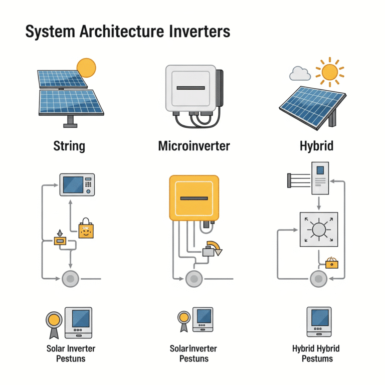 Схема, показывающая, как различные типы солнечных инверторов работают в системе солнечных панелей