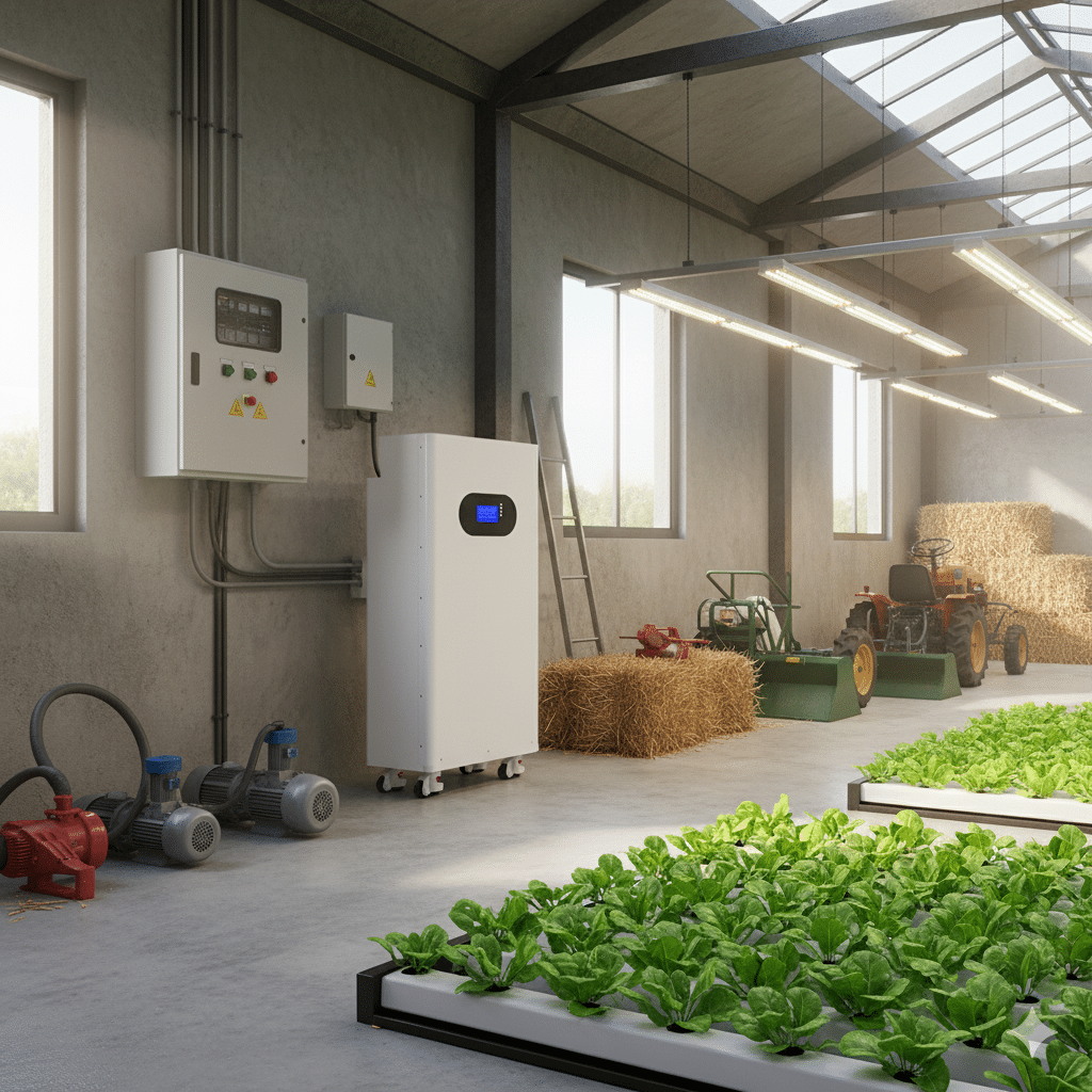 A white battery energy storage system with a blue digital display and wheels, placed in an agricultural facility or barn. Surrounding it are farming elements such as hydroponic growing systems with leafy greens, bales of hay, farm machinery like a small tractor and tilling equipment, water pumps, and electrical control panels, indicating its use in powering farm operations.