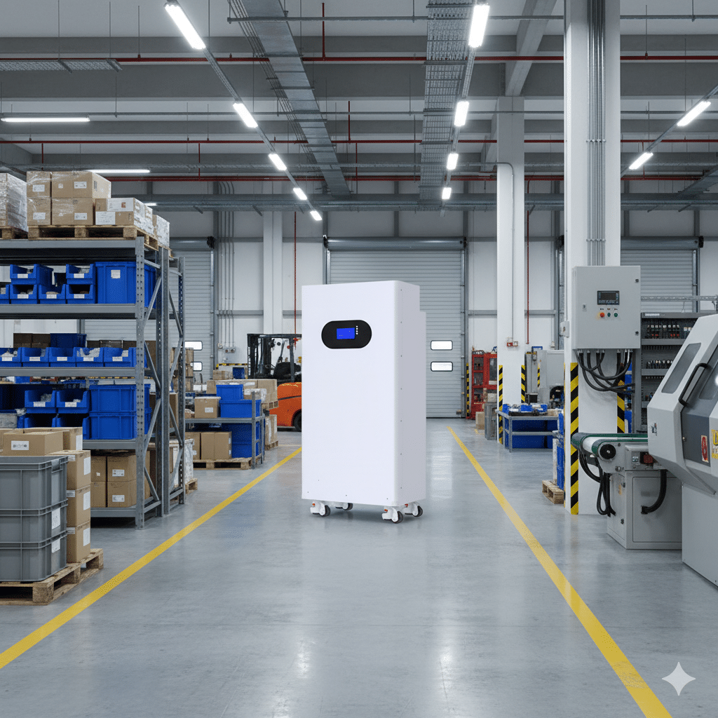 A white battery energy storage system with a digital display and wheels, standing in the aisle of a busy factory or warehouse. In the background, there are industrial shelves stocked with goods, machinery, and a forklift, illustrating its role in powering industrial operations.
