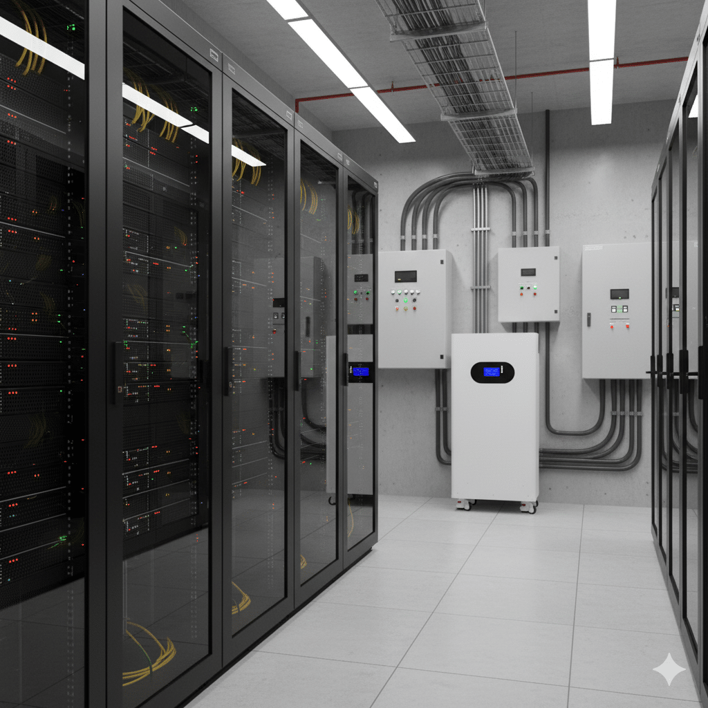 A white battery energy storage system with a blue digital display and wheels, positioned as a backup power solution in a modern data center. It stands next to several rows of black server racks filled with blinking lights and intricate cabling, surrounded by electrical control panels mounted on the concrete wall, highlighting its crucial role in maintaining continuous data center operations.