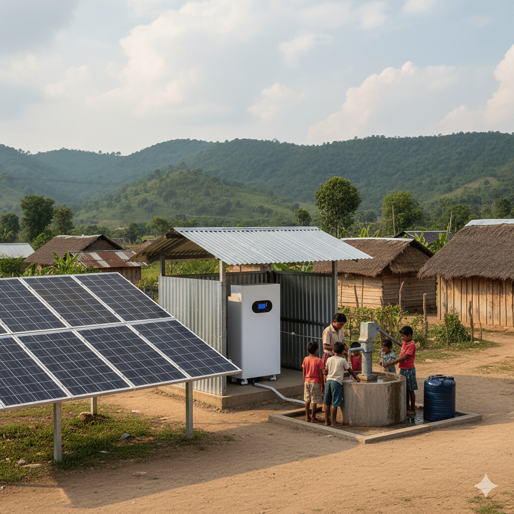 A white battery energy storage system with a blue digital display, protected by a small metal canopy, situated in a rural off-grid community. Adjacent to it is a hand pump water well where several children and an adult are gathered, drawing water. In the foreground, solar panels are clearly visible, and traditional village huts dot the background with lush green hills under a bright sky, illustrating the system's role in providing power for essential services in remote areas.
