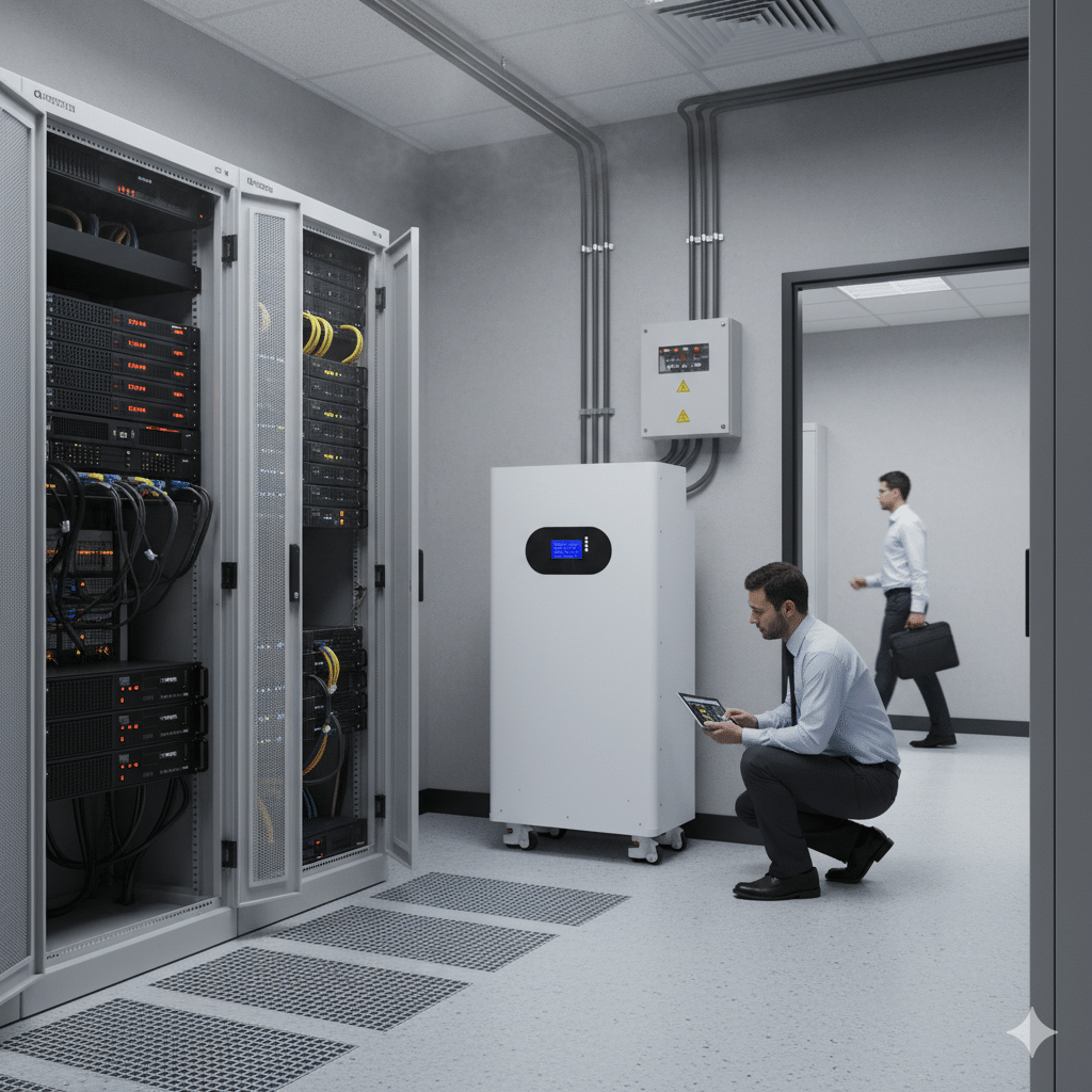 A large white battery energy storage system with a display and casters, positioned next to server racks in a data center or SME office environment. A technician is crouched, using a tablet to inspect the battery system, while another business professional walks by with a briefcase.