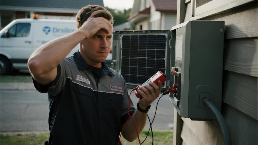 Technician troubleshooting a faulty solar inverter, showing the high operational cost of choosing a low-quality solar inverter supplier.