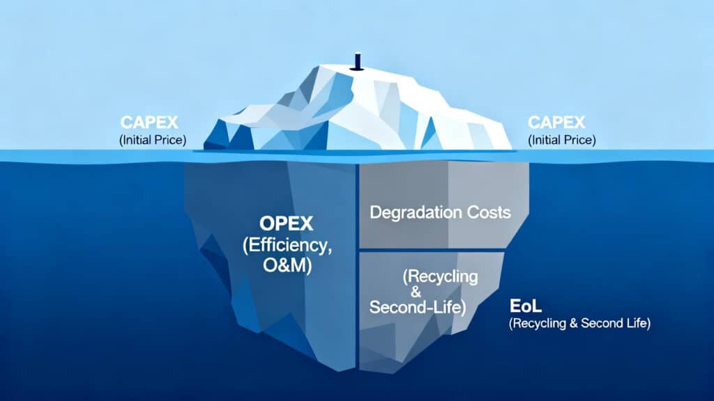 Iceberg infographic illustrating Total Cost of Ownership in energy storage battery procurement, with CAPEX as the tip and OPEX as the hidden cost.