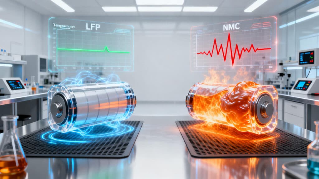 A technical illustration comparing the safety of LFP (Lithium Iron Phosphate) and NMC (Ternary Lithium) batteries. The LFP cell remains stable under stress while the NMC cell shows high heat and thermal runaway risk, a key safety factor for large-scale energy storage projects.