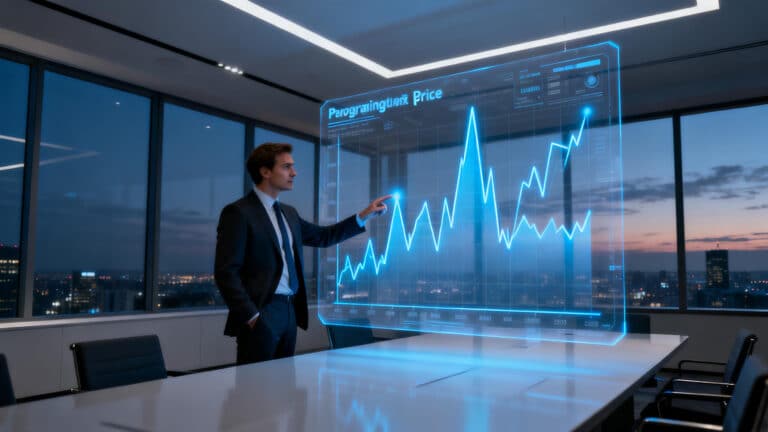 An expert analyst in a modern office studies a holographic chart displaying the volatile global lithium price trend.
