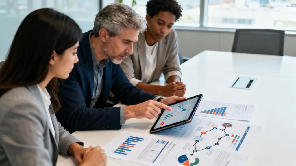 A team of procurement specialists in a meeting, developing strategies to manage business risks associated with the lithium price trend.