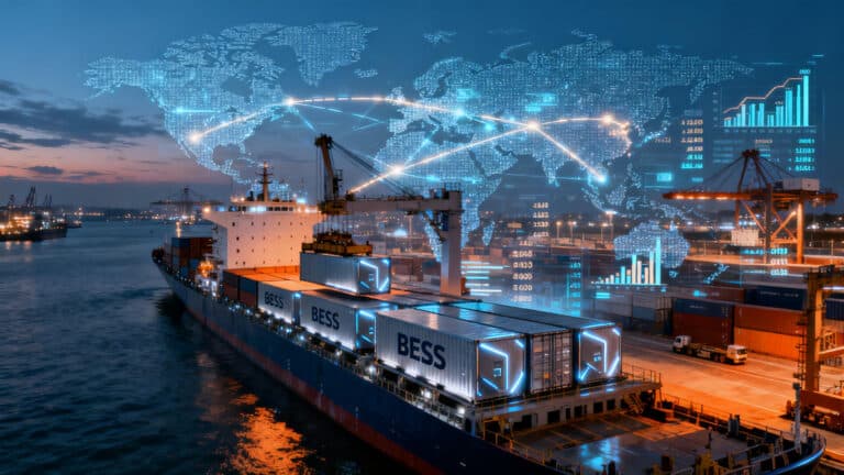 A cargo ship loaded with BESS containers, illustrating global logistics costs that compound an initial price already influenced by the upstream lithium price trend