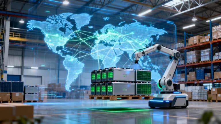 Global energy storage battery supply chain with a backdrop showing the economic impact of the lithium price trend.