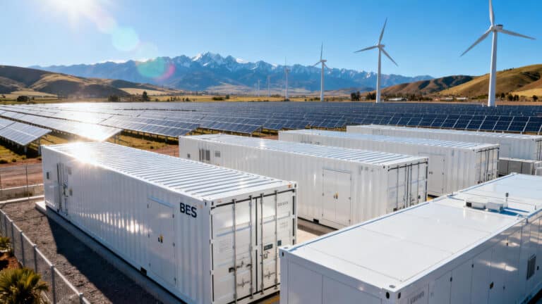 A large-scale energy storage battery installation in a Latin American setting, with solar panels and wind turbines in the background, symbolizing the region's rising energy storage battery demand.
