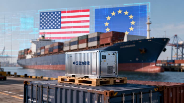 Китайская аккумуляторная батарея в морском порту, за которой виден цифровой барьер с флагами США и ЕС, символизирующий тарифные барьеры.