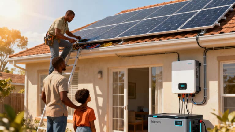 African family installing home solar panels and energy storage battery