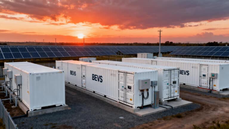 A modern, utility-scale LFP energy storage power station with rows of clean white containers under a sunset sky, representing a reliable clean energy solution.