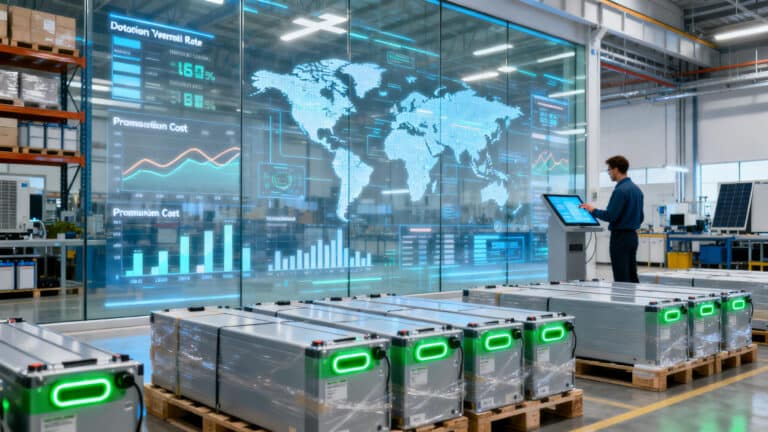 Изображение, демонстрирующее стратегию оптимизации закупок и управления запасами аккумуляторных батарей, включающую высокотехнологичные аккумуляторные модули и интеллектуальный интерфейс анализа данных цепочки поставок, отражающий оптимизацию закупок и эффективное управление.