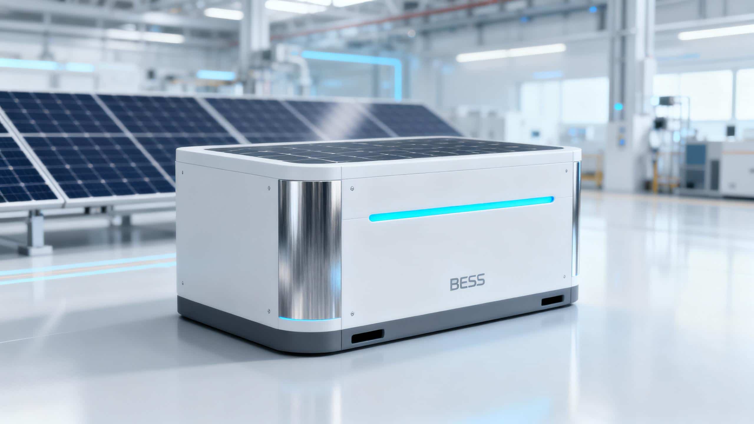 A high-performance solar battery storage system for an unstable grid, powering a modern residence at dusk.