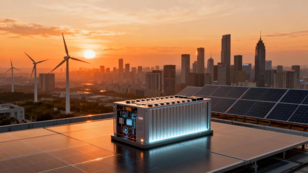 A sleek China's Energy Batteries in the foreground with a modern city skyline and renewable energy sources (wind turbines, solar panels) at sunset, symbolizing global energy transition.