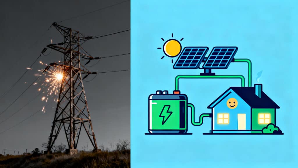 Infographic comparing Africa's old power grid with a modern off-grid energy storage system, highlighting the reliability of a home energy storage battery.