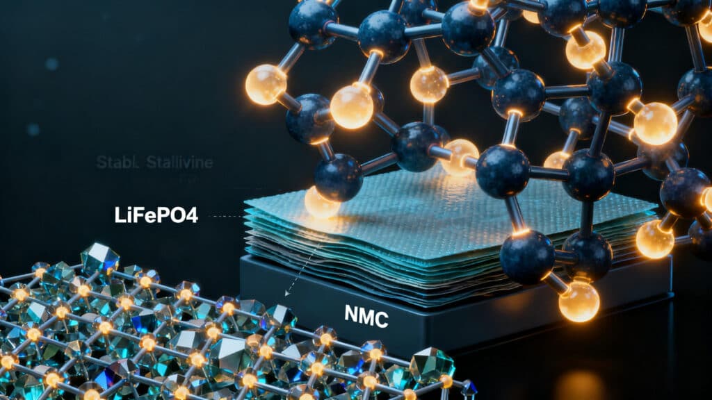 A 3D scientific visualization comparing the stable molecular structure of LFP energy storage chemistry against a competitor's, highlighting its inherent safety advantage.