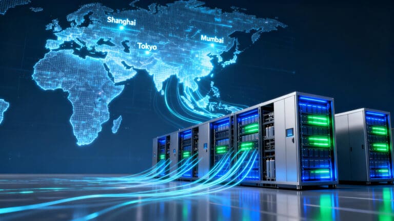 Изящные аккумуляторы энергии со светящимися лампочками на фоне голографической карты Азиатско-Тихоокеанского региона, иллюстрирующей растущий рынок накопителей энергии и аккумуляторных технологий.