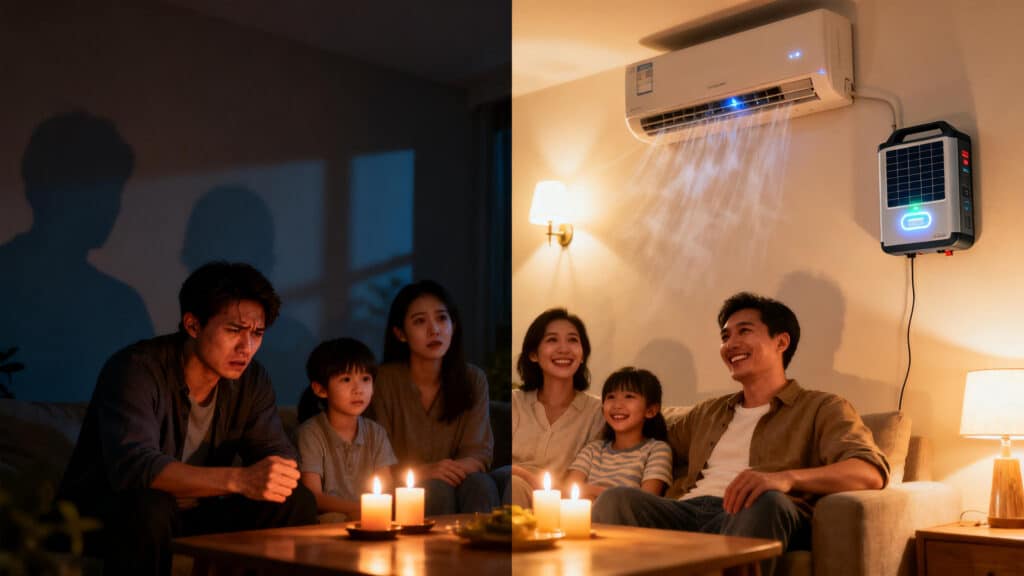 A comparison image showing the dramatic difference in family life before and after using a reliable solar storage battery in an area with frequent power outages—from dark and frustrated to bright and comfortable.