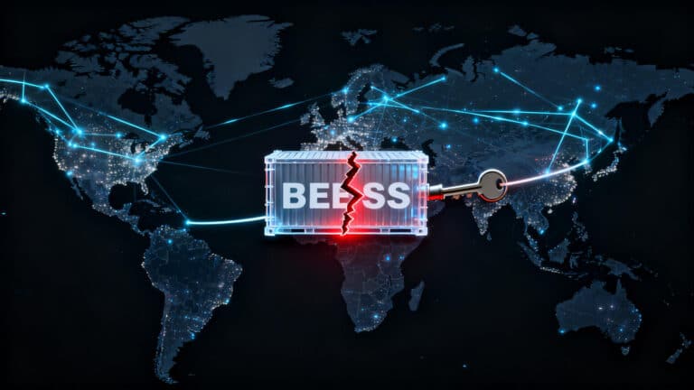 Conceptual image illustrating energy storage battery supply chain risk, showing a broken link in a global network connected to a battery icon.