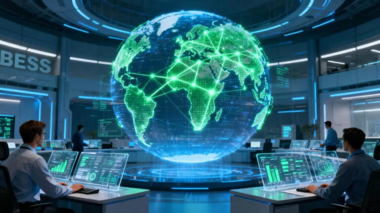 Футуристический командный центр, визуализирующий глобальную сеть поставок BESS, представляющий передовую стратегию BESS с несколькими поставщиками.