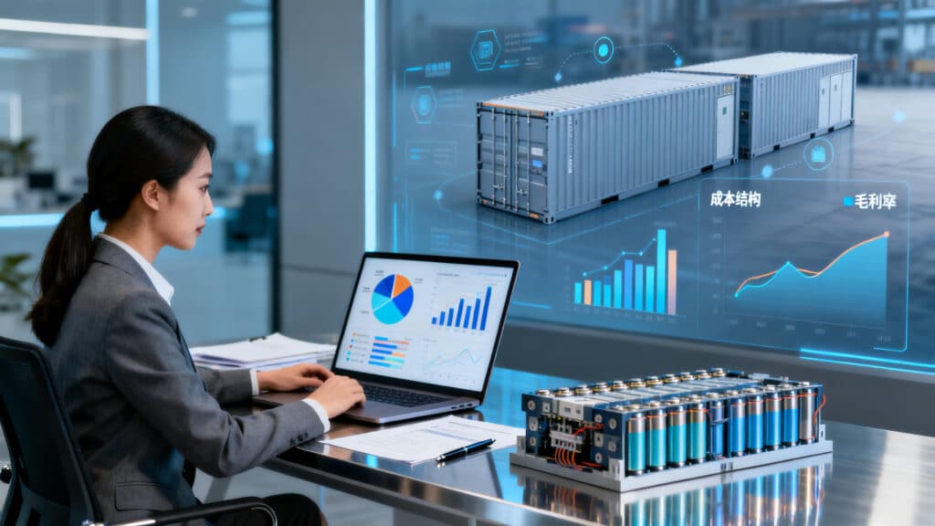 A procurement specialist analyzing cost structure and gross margin data for an energy storage battery supplier on a laptop, with battery components and shipping containers in the background, symbolizing strategic evaluation.