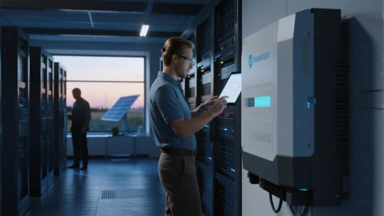 Инженер оценивает данные о производительности солнечного инвертора — ключевой этап при выборе ведущего производителя солнечных инверторов.