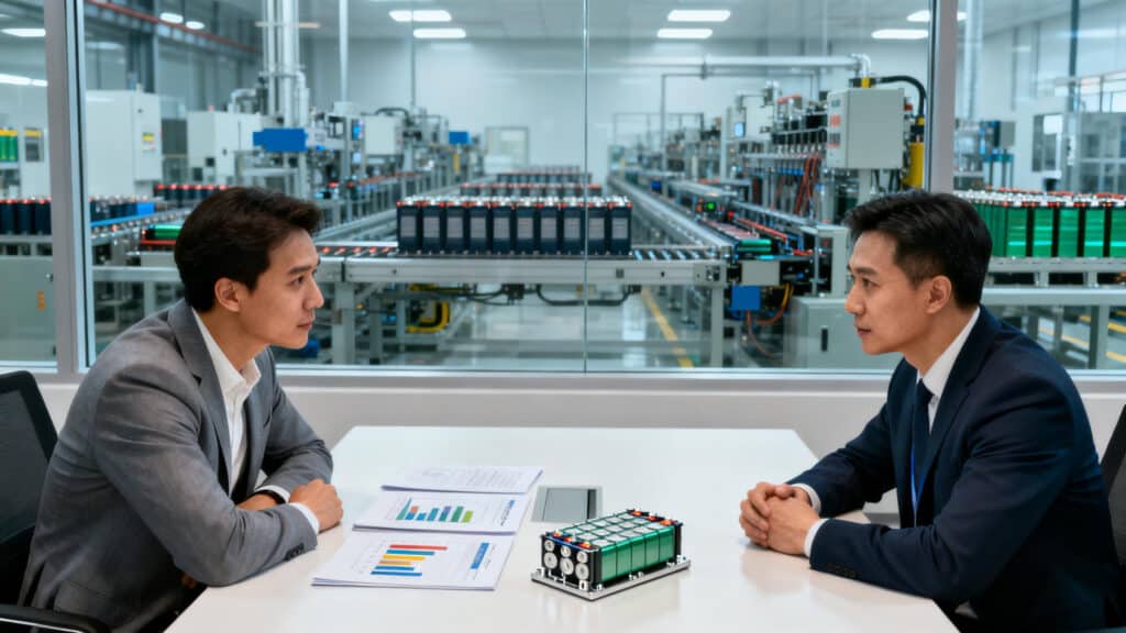 Two professionals in a constructive negotiation, discussing cost structure over a model of a battery module, highlighting the transparent partnership with their energy storage battery supplier.