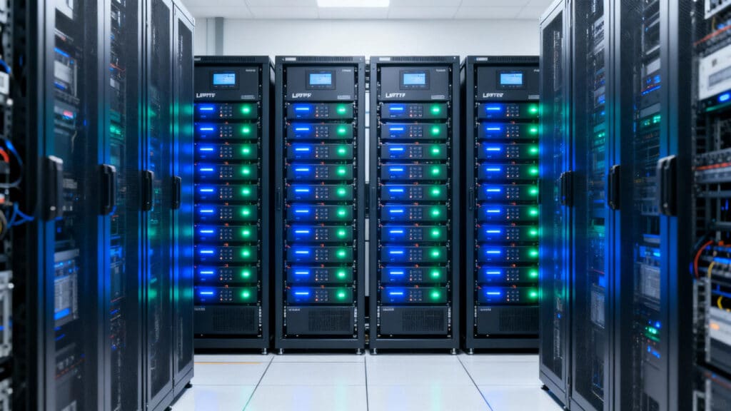 A rack of commercial LPF Batteries with glowing blue LED indicator lights installed in a modern data center utility room.