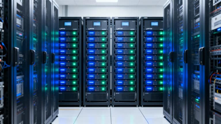 Стойка с коммерческими батареями LPF со светящимися синими светодиодными индикаторами установлена в подсобном помещении современного центра обработки данных.