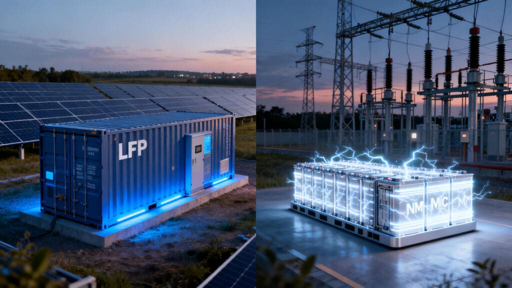 A comparison image showcasing two battery technologies for large-scale energy storage projects: a safe LFP (Lithium Iron Phosphate) battery system on the left, and a high-density NMC (Ternary Lithium) battery system on the right.