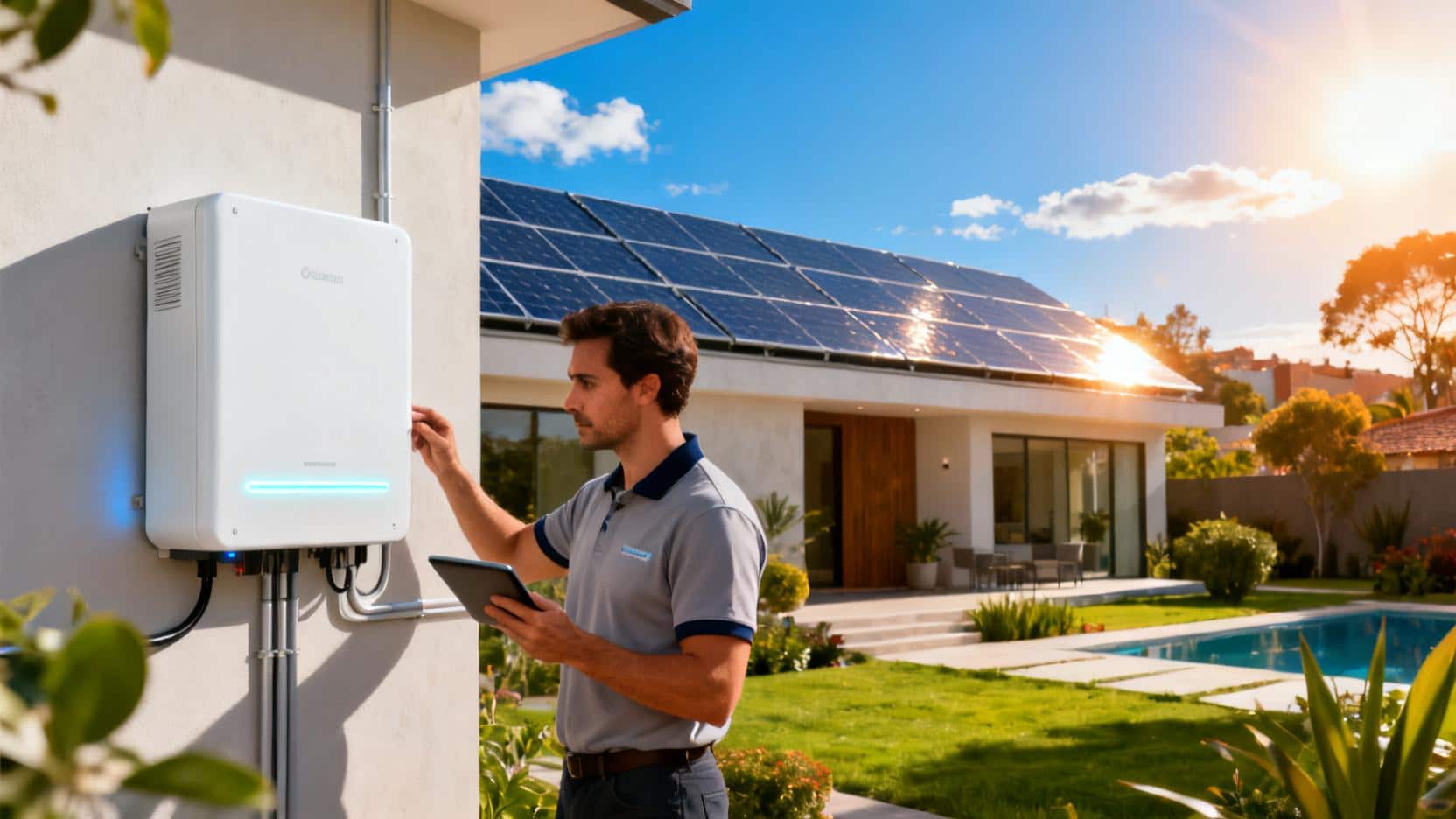Casa moderna en Sudamérica con paneles solares y baterías de energía de almacenamiento para el hogar instalada en la pared.