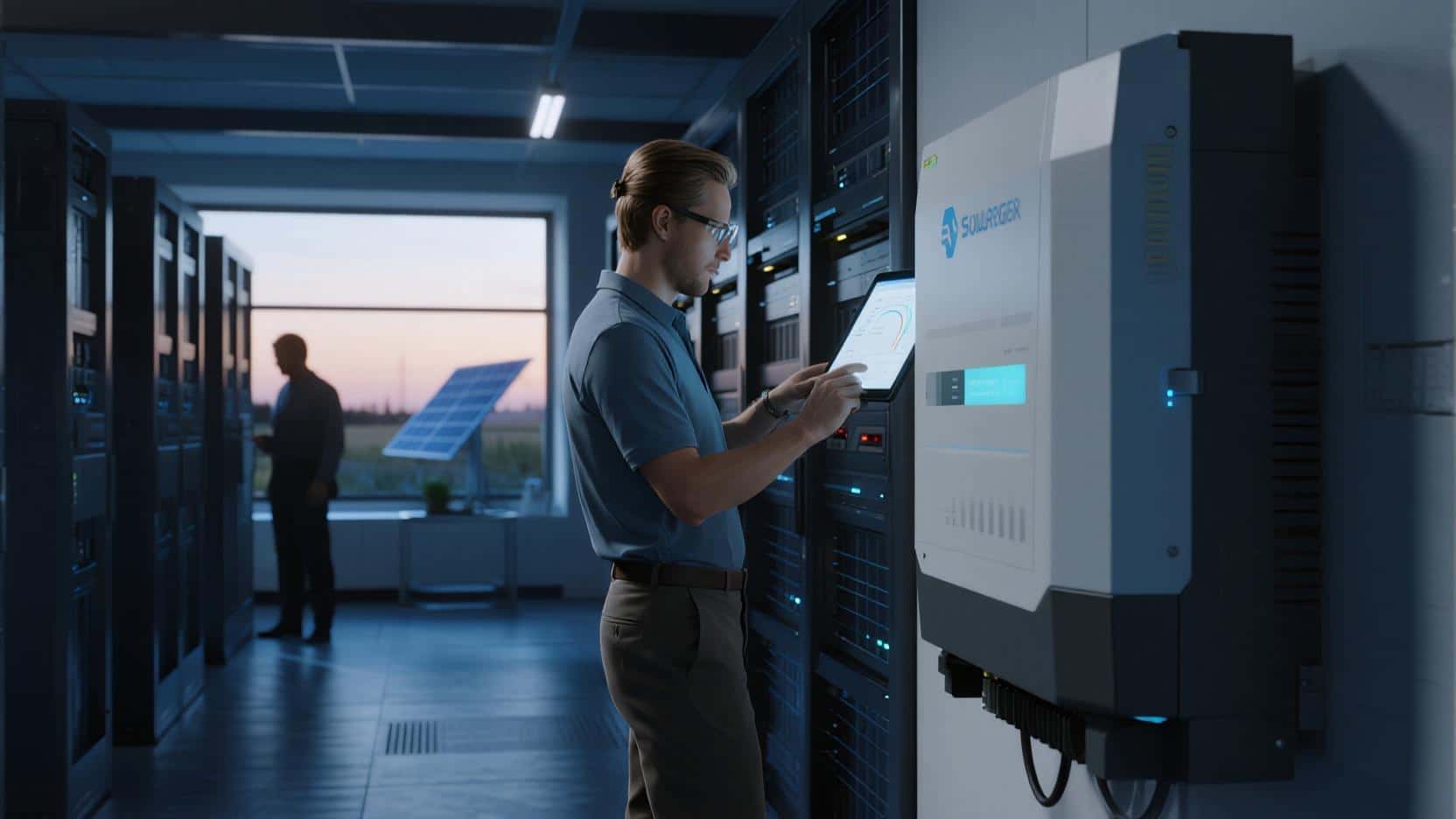 Engineer evaluating solar inverter performance data, a key step when vetting a top solar inverter manufacturer.