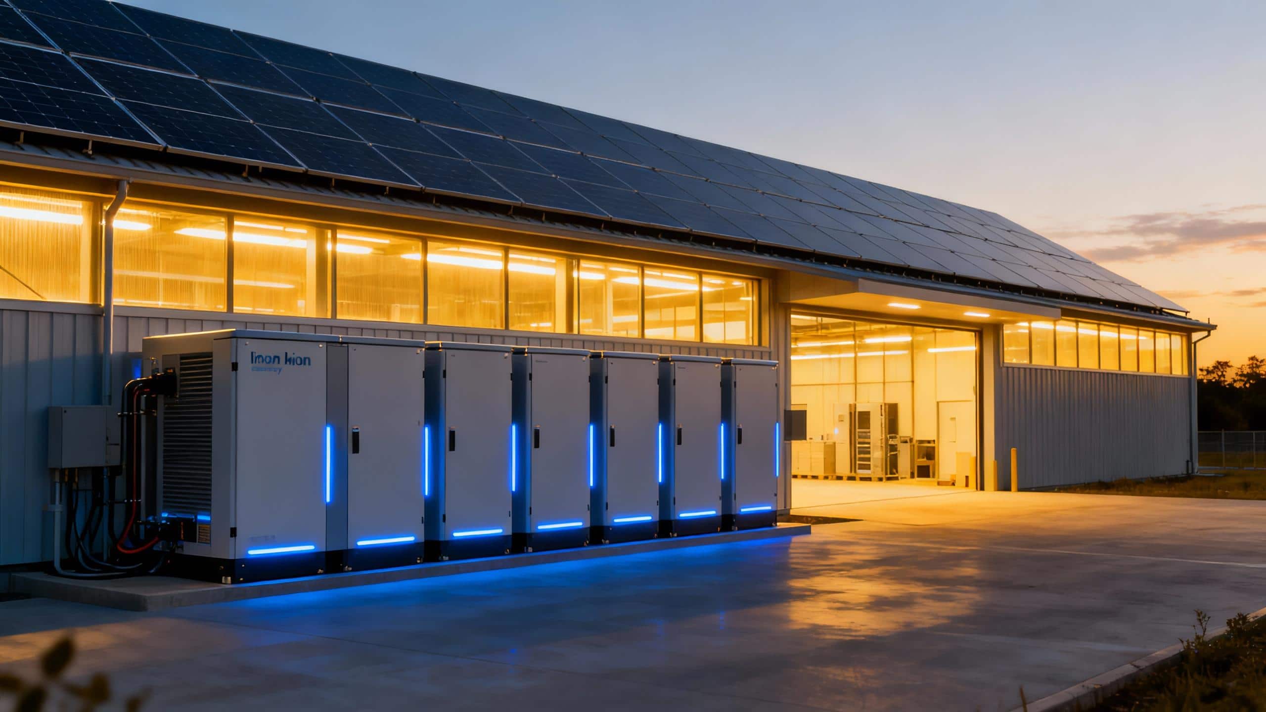 A modern commercial building with rooftop solar panels, powered by an advanced lithium ion solar battery system, showcasing a competitive business advantage.