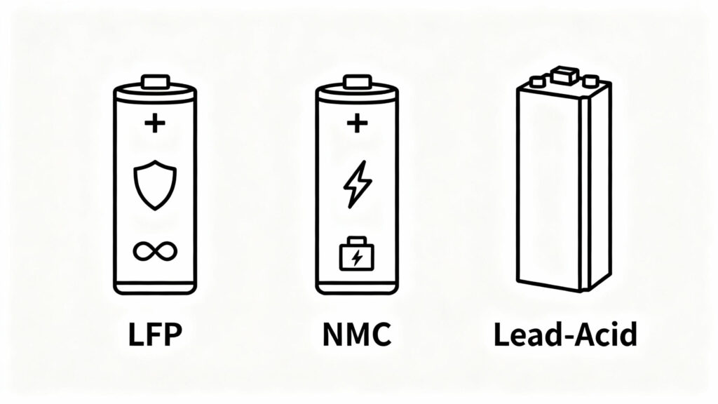 Infografica che confronta le batterie solari al litio, NMC e piombo-acido per soluzioni di accumulo di energia solare.