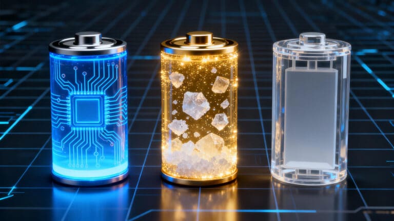 Изображение, на котором сравнивается выбор аккумуляторов энергии: голубой литиевый аккумулятор, золотой натриевый аккумулятор и прозрачный твердотельный аккумулятор.