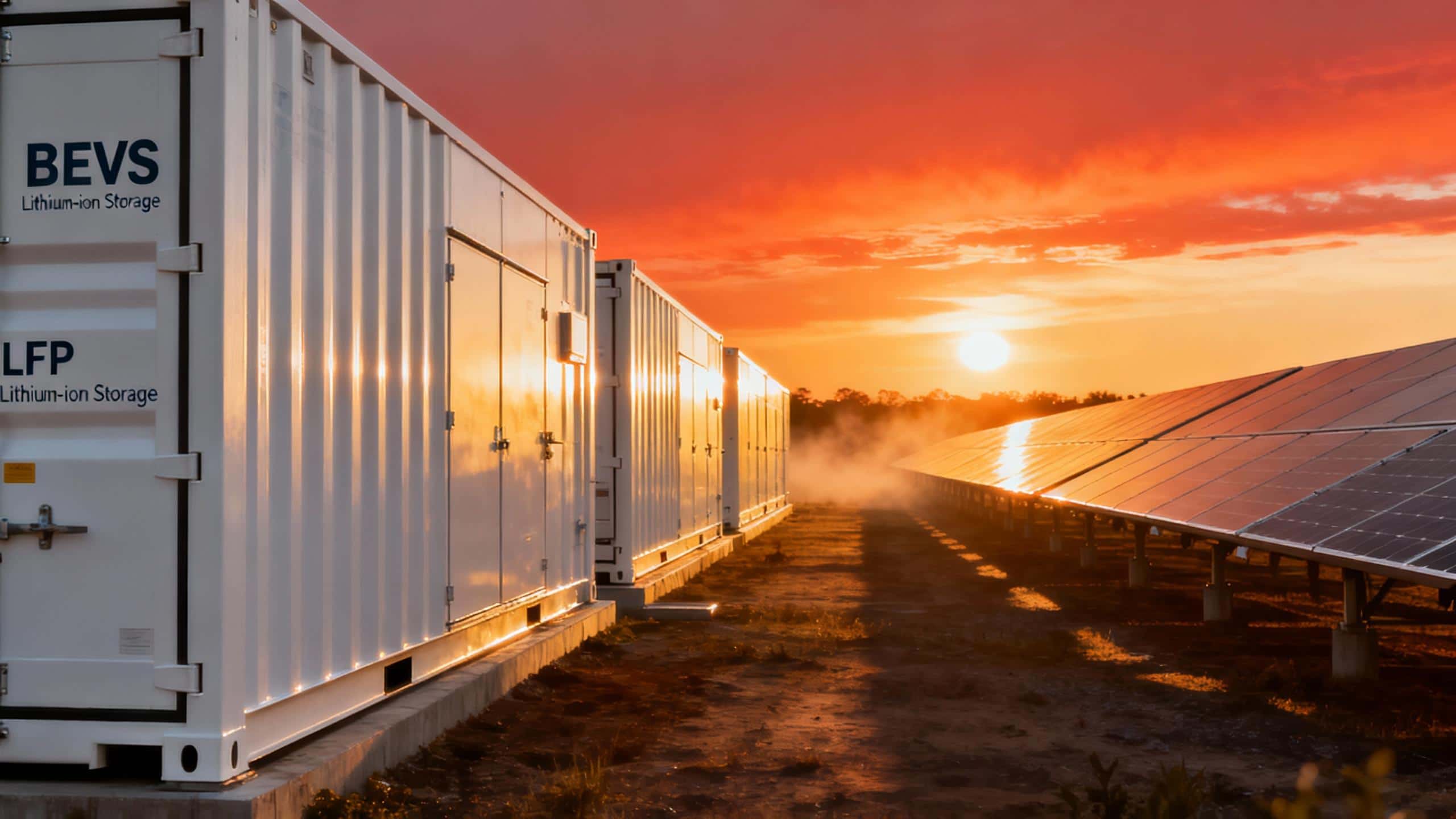 Large containerized Lithium Solar Batteries (BESS) installed at a commercial solar farm, illustrating the revolution in grid-scale energy storage.