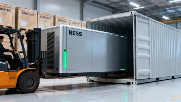 Большая модульная аккумуляторная система хранения энергии профессионально упаковывается на логистическом складе и готовится к безопасной международной транспортировке.