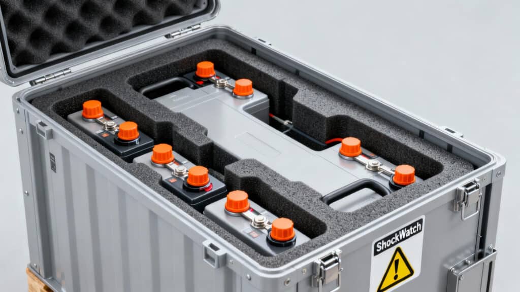 Detailed view of the internal protective packaging for a Battery Energy Storage System module, including shock-absorbing foam and terminal caps.