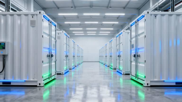 Современное, чистое здание, в котором разместилась крупная специализированная система хранения энергии на аккумуляторах с рядами гладких белых блоков.