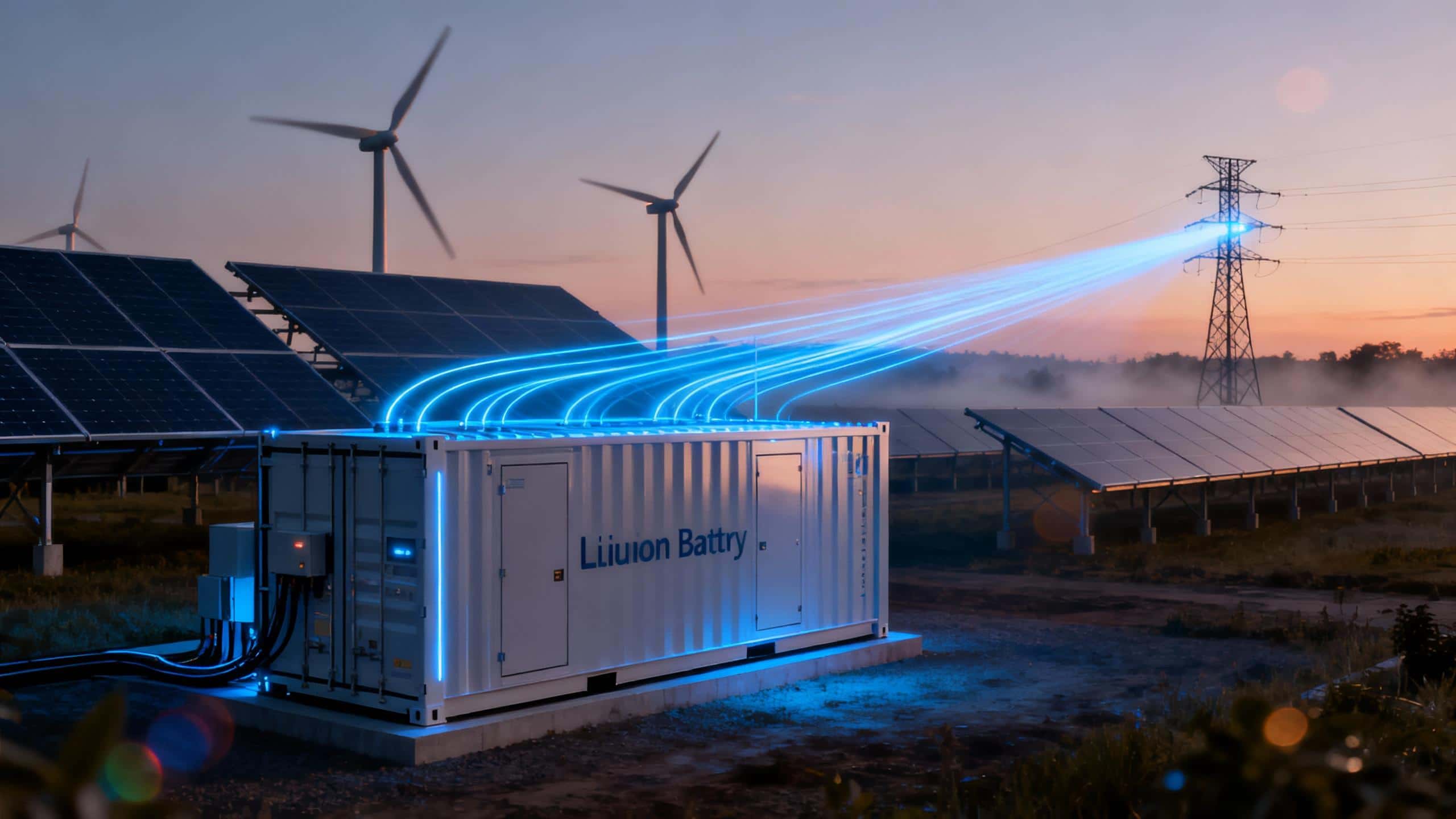 A large-scale lithium ion battery energy storage system unit at a renewable energy farm with solar panels and wind turbines, illustrating solar storage solutions.