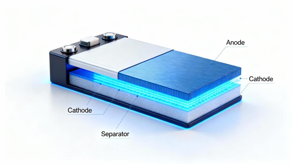 Sezione tecnica 3D di una cella di batteria agli ioni di litio ad alta efficienza, un componente chiave dei moderni sistemi di accumulo di energia.