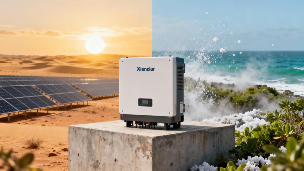 A Xiensolar power inverter for high temperature areas operating reliably at a desert solar farm, showcasing its advanced thermal management.