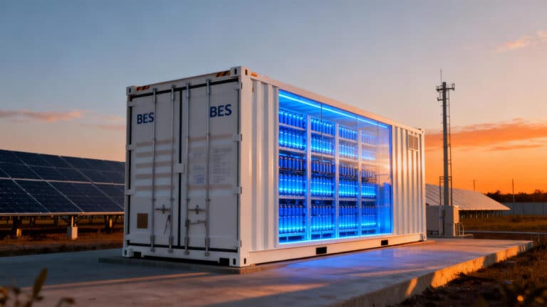 Крупномасштабный проект по хранению энергии, включающий контейнерные литий-ионные батареи, интегрированные с солнечной фермой, демонстрирует современную энергетическую инфраструктуру.