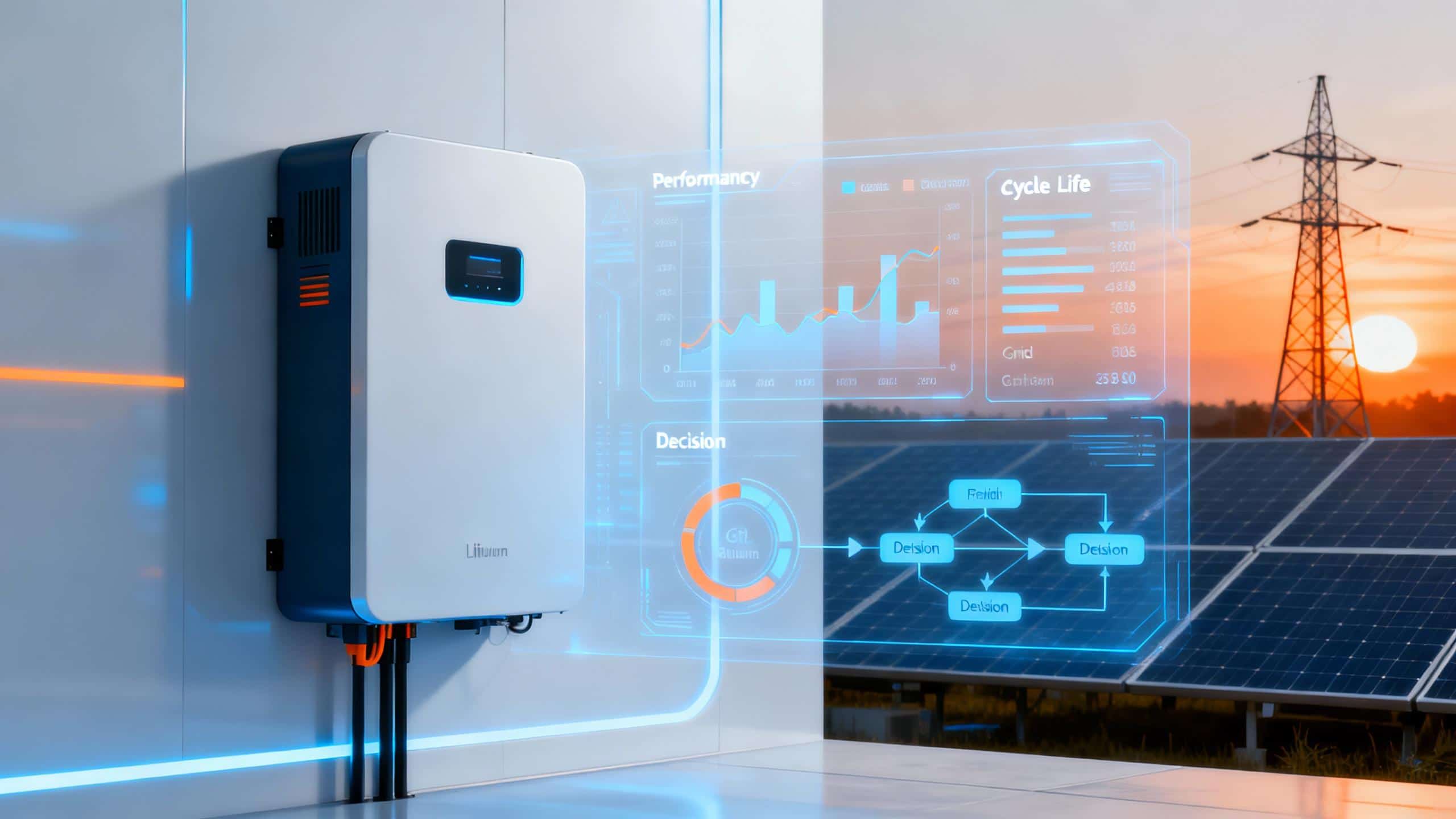 A futuristic feature image of a sleek lithium solar battery system with a holographic data interface for market selection.