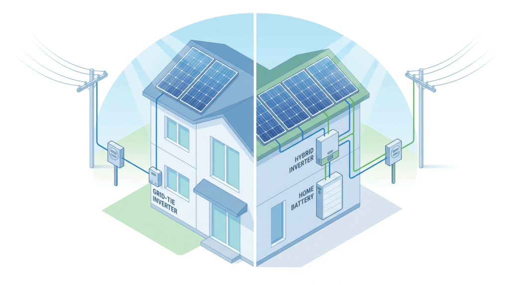 Feature image comparing Grid-tie vs Hybrid Inverter in a home solar setup, with a grid-tie inverter linked only to the grid and a hybrid inverter linked to a home battery.