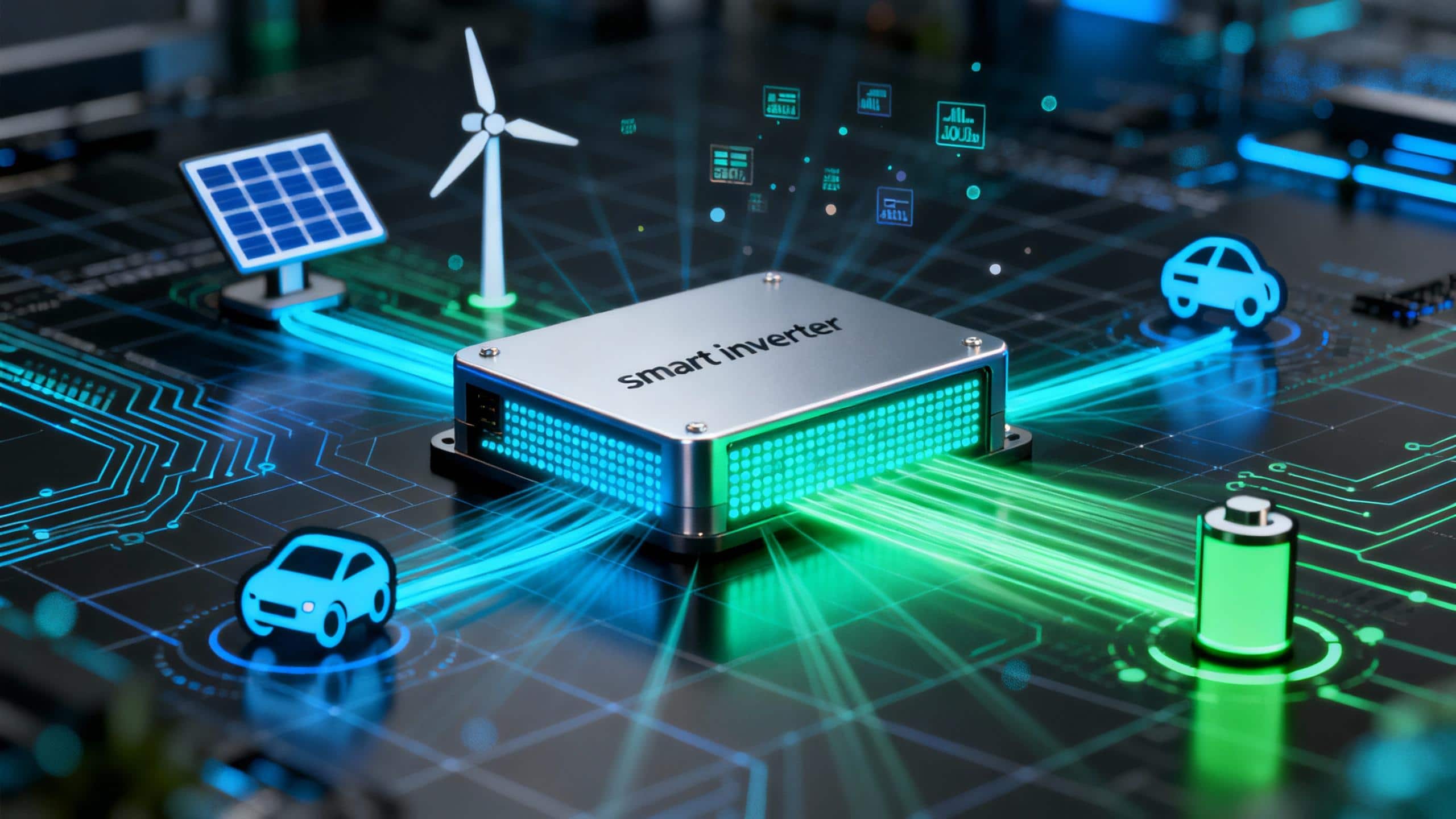 A feature image illustrating the 2025 inverter market trends, showing a central smart inverter connecting solar, EV, and energy storage systems to the grid.