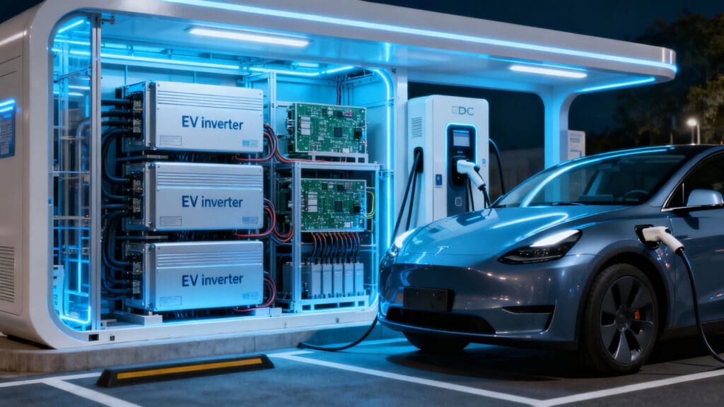 صورة توضيحية لاتجاهات سوق المحولات في عام 2025، تظهر محولًا مركزيًا ذكيًا يربط أنظمة الطاقة الشمسية والسيارات الكهربائية وتخزين الطاقة بالشبكة.